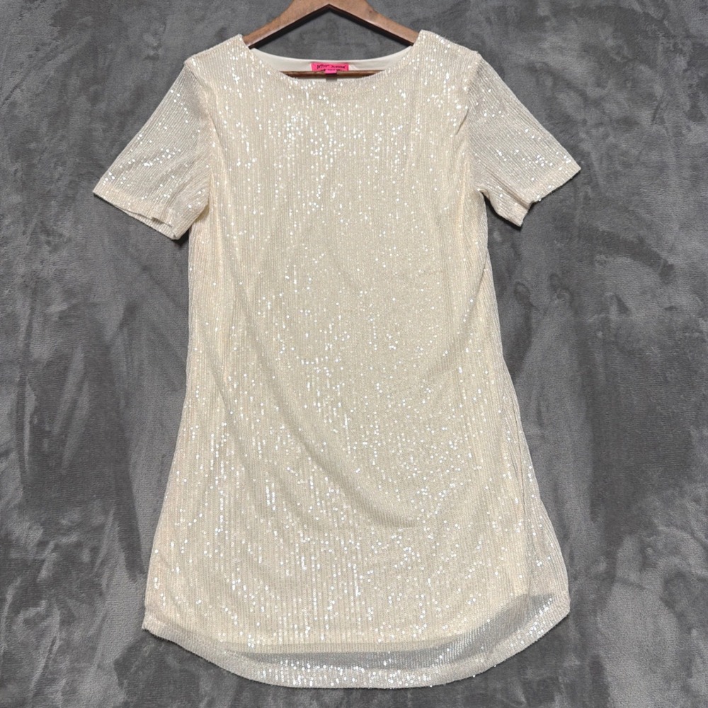 Betsey Johnson Sequin Shift Dress Womens Large Cream White Party Cocktail